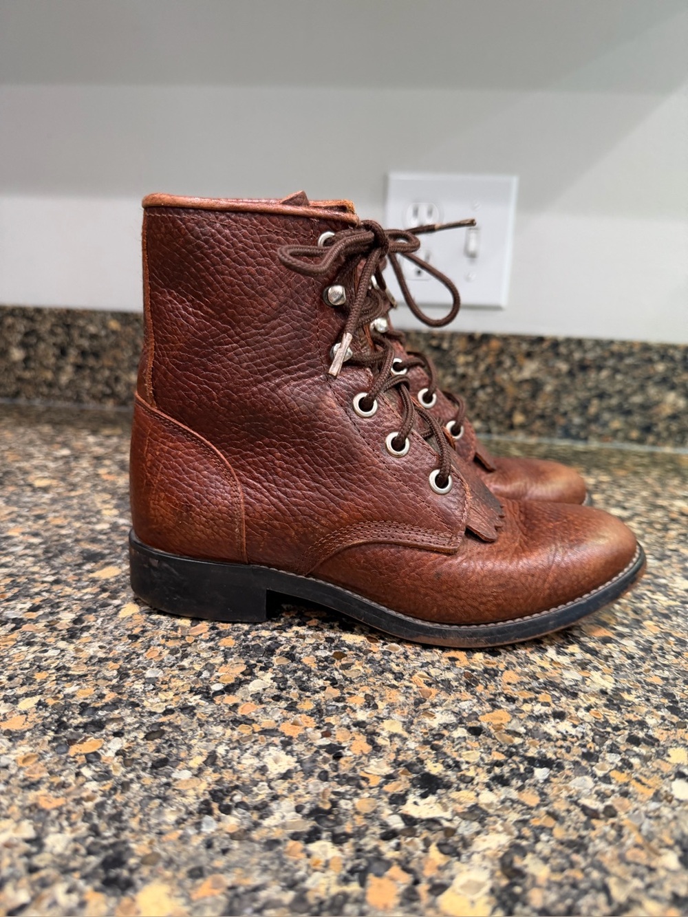Girls Justin  Brown Leather Lace-Up Ankle Boots 12